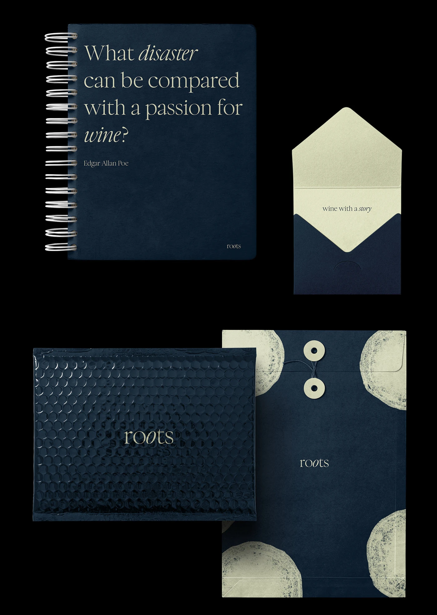 A flat lay of Roots brand collateral including a spiral-bound book with an Edgar Allan Poe quote, a minimalist sage and navy envelope, a glossy bubble mailer, and a string-tie document envelope.