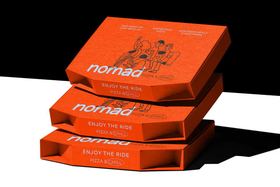 Stacked orange pizza boxes from Nomad Pizza featuring playful illustrated characters and the tagline “Enjoy the Ride” — a bold, trend-driven brand identity design by Luan Studio, curated by Fivestar Branding in Ellenton, Florida.