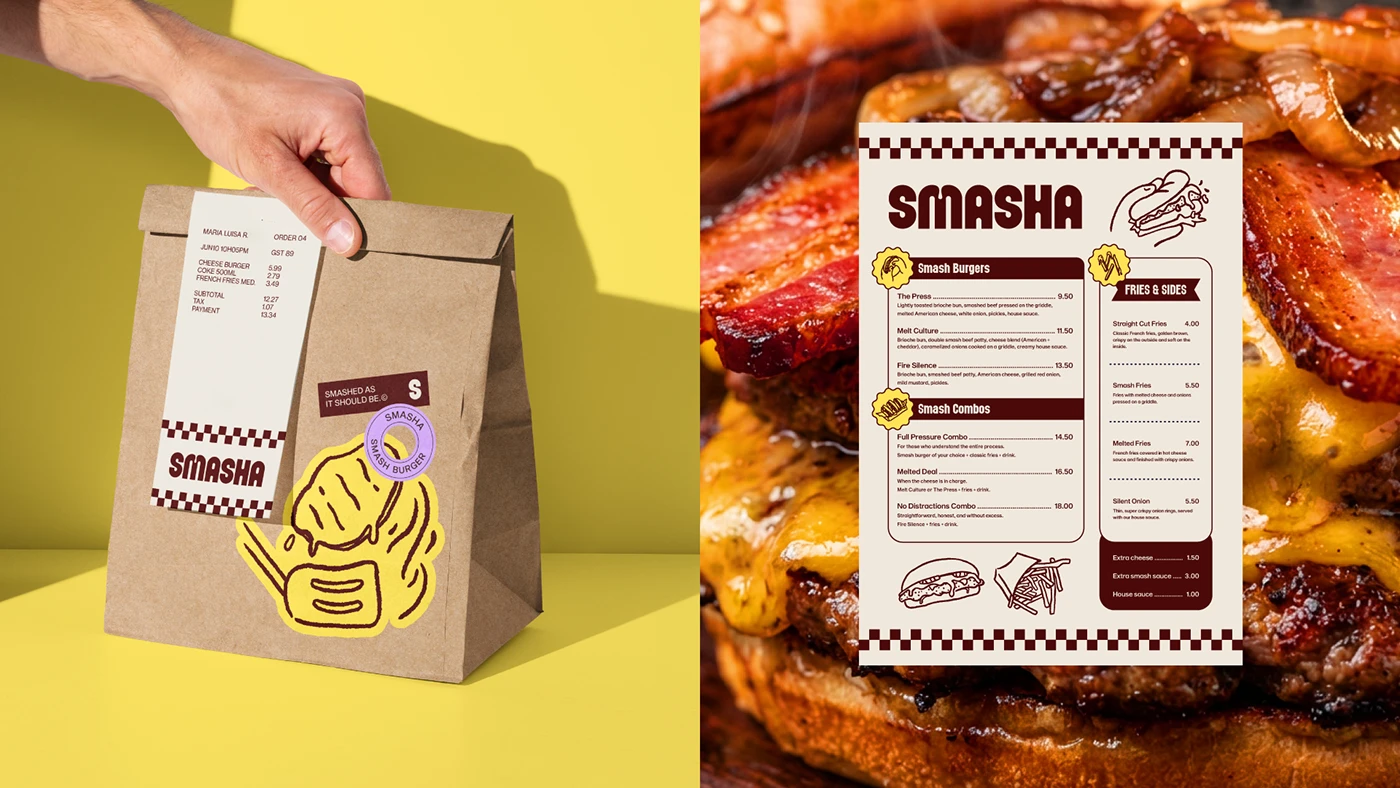 Smasha takeaway bag featuring illustrated smash icon, stickers, and receipt detail, presented on a yellow surface as part of the restaurant packaging identity system.