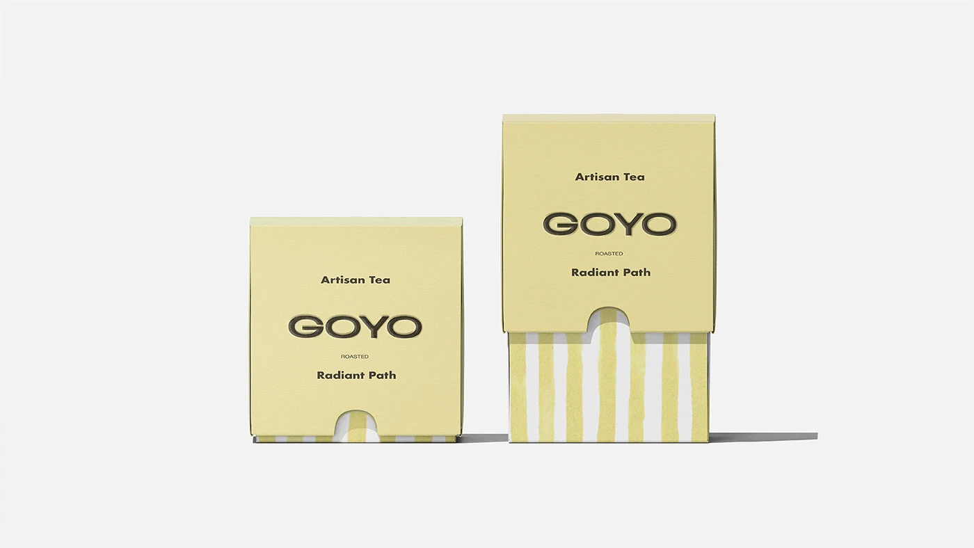 Goyo Tea packaging design in soft yellow for Radiant Path roasted tea, featuring minimalist typography with hand-painted striped pattern detail