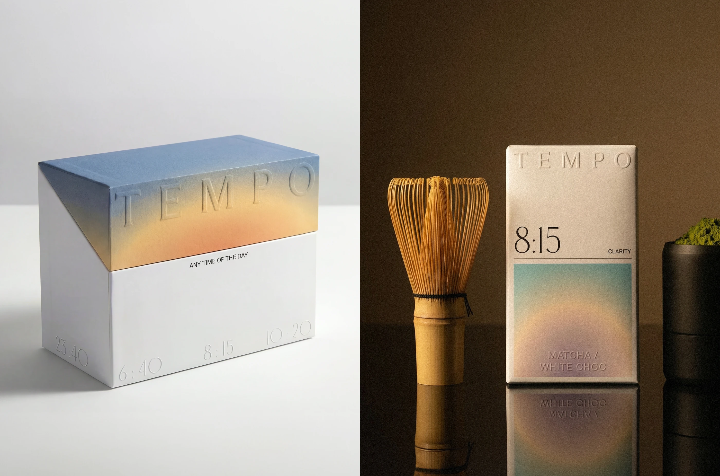 TEMPO packaging design by LYM Design Studio showing a two-part brand presentation with a gradient chocolate gift box on the left and a matcha white chocolate wrapper styled beside tea tools on the right.