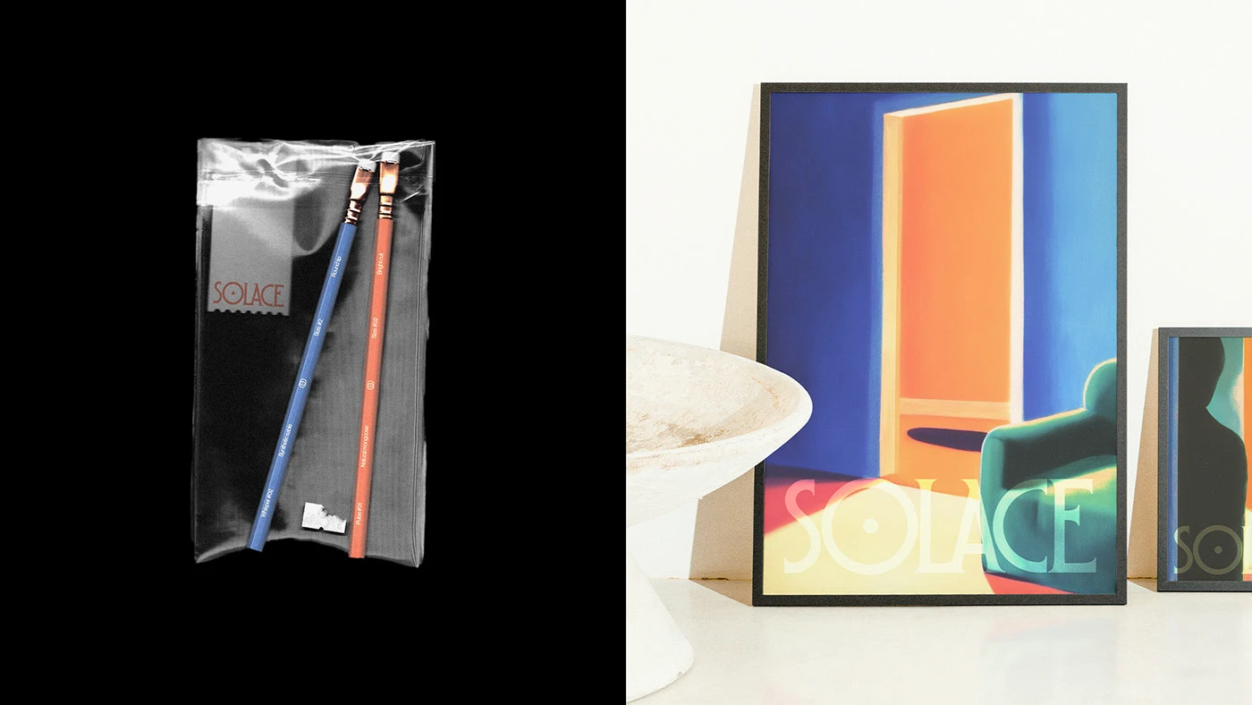 Solace Studio brand merchandise and lifestyle items, showing branded blue and orange artist pencils in a plastic sleeve alongside framed vibrant architectural art prints.