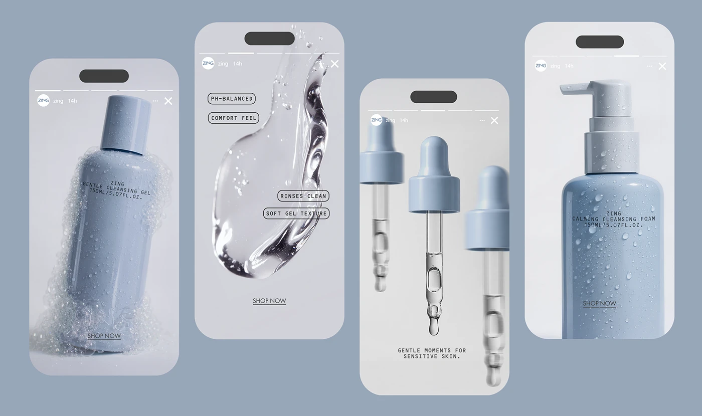 ZING skincare social media story designs displayed on mobile screens, featuring soft blue product photography, water droplets, serum imagery, and clean minimal brand typography.