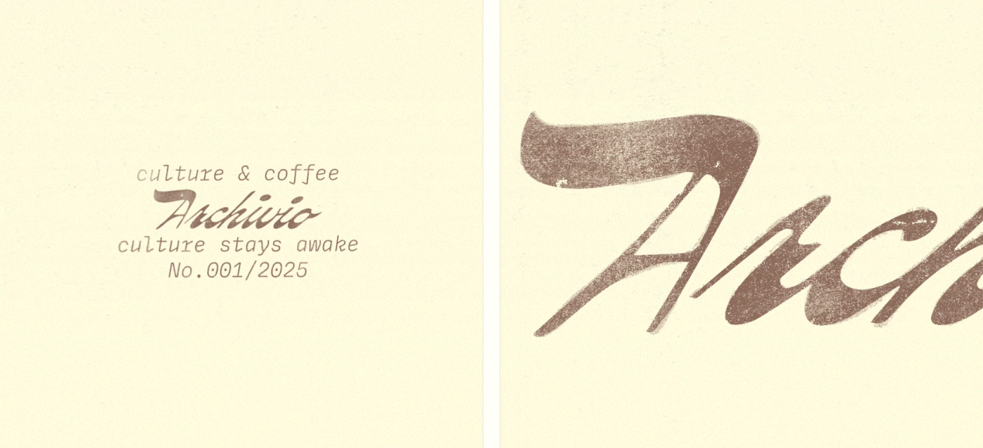 Close-up of Archivio Coffee Cultura logo featuring textured script wordmark and archival typography reading “culture & coffee” on soft pastel background.