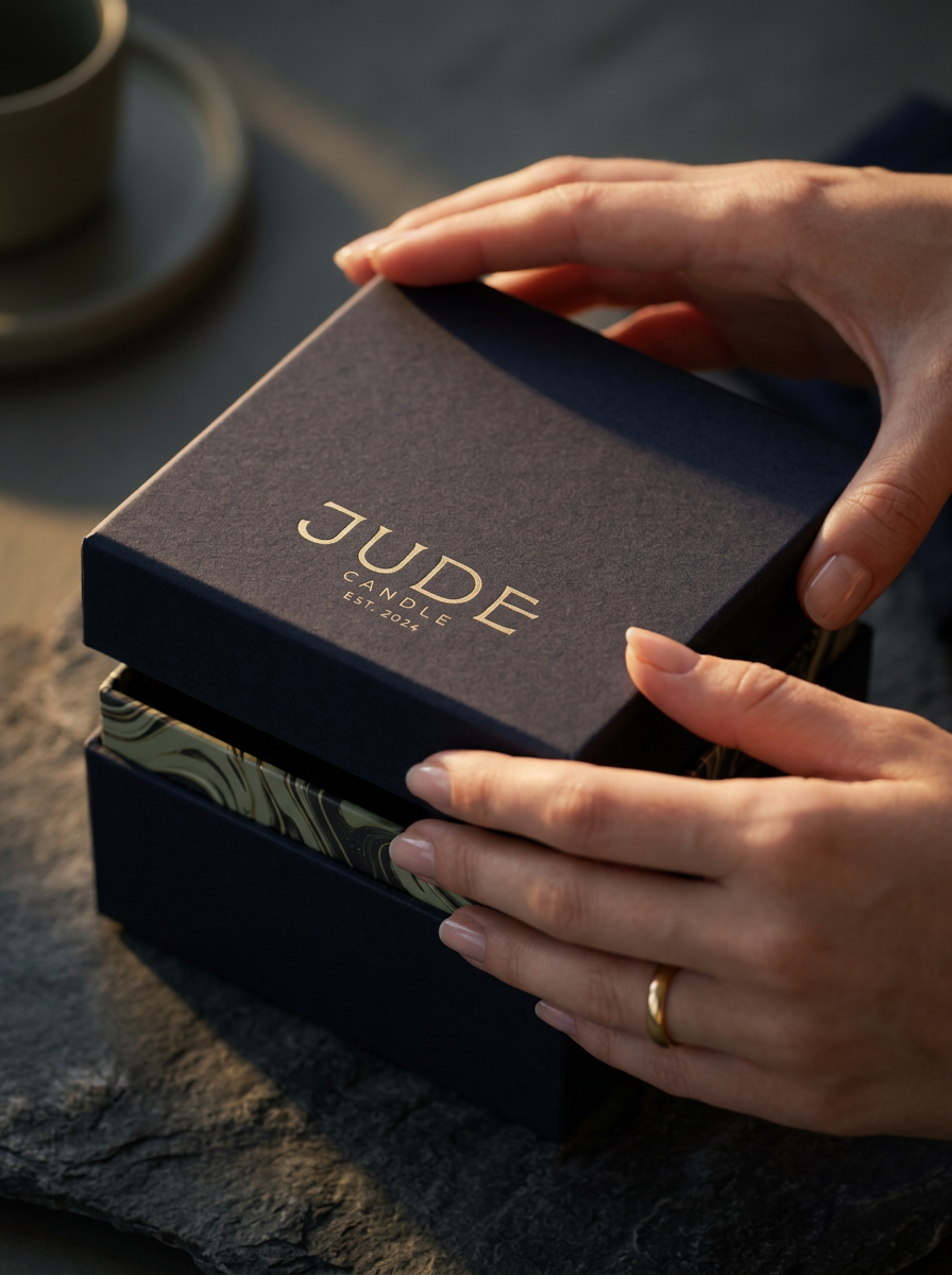 Detail shot of female hands with natural manicures and a gold ring, lifting the lid of a JUDE candle box, highlighting the unboxing experience and tactile gold foil on navy blue paper.
