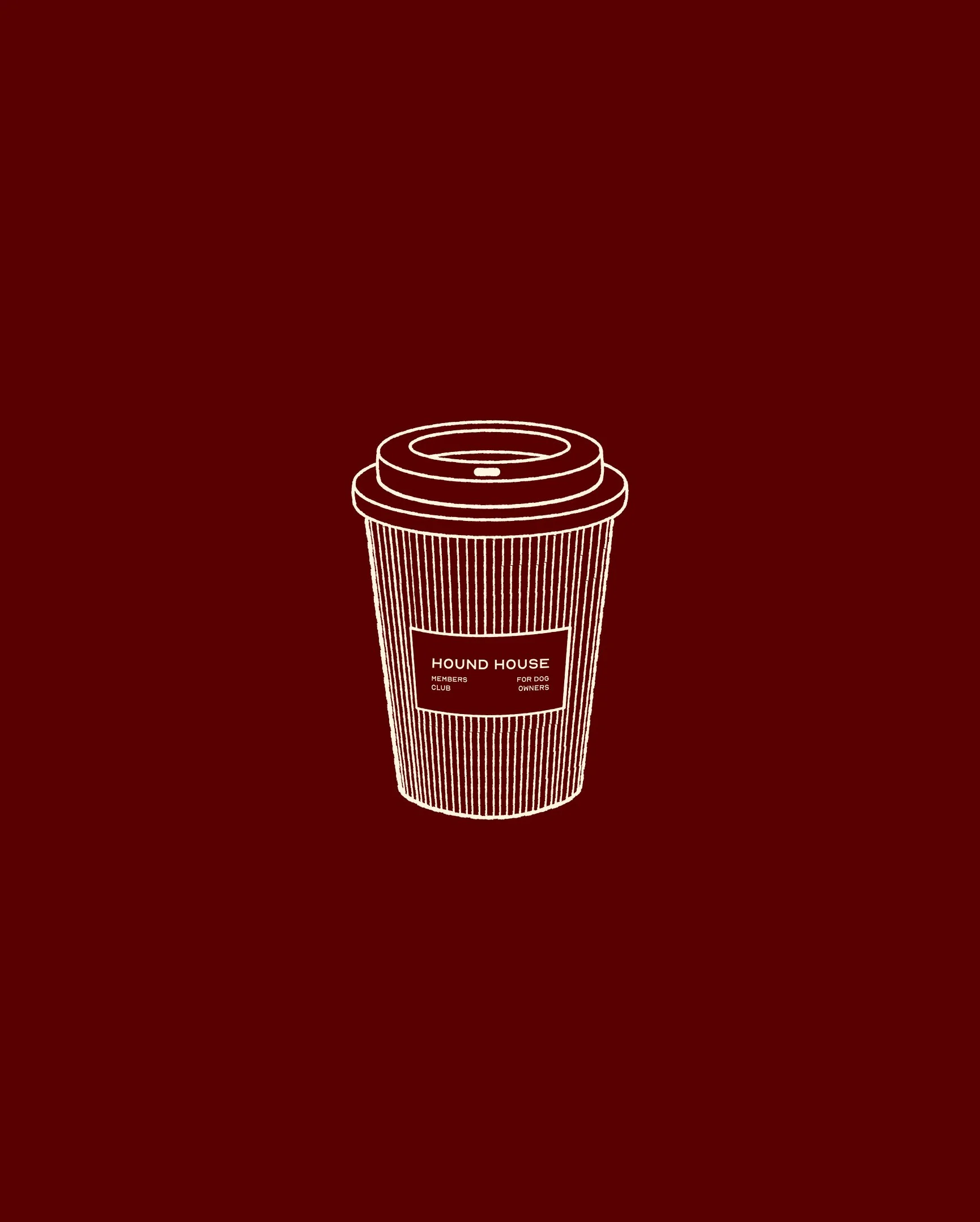 Illustrated takeaway coffee cup with Hound House branding on a deep red background, showcasing custom illustration style within a pet hospitality brand identity system.