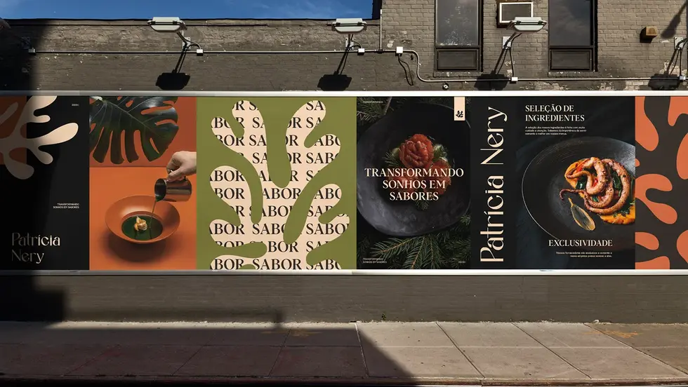 Patrícia Nery culinary chef brand identity outdoor billboard campaign with editorial typography, gastronomy photography, and organic shape color blocking across multiple panels.