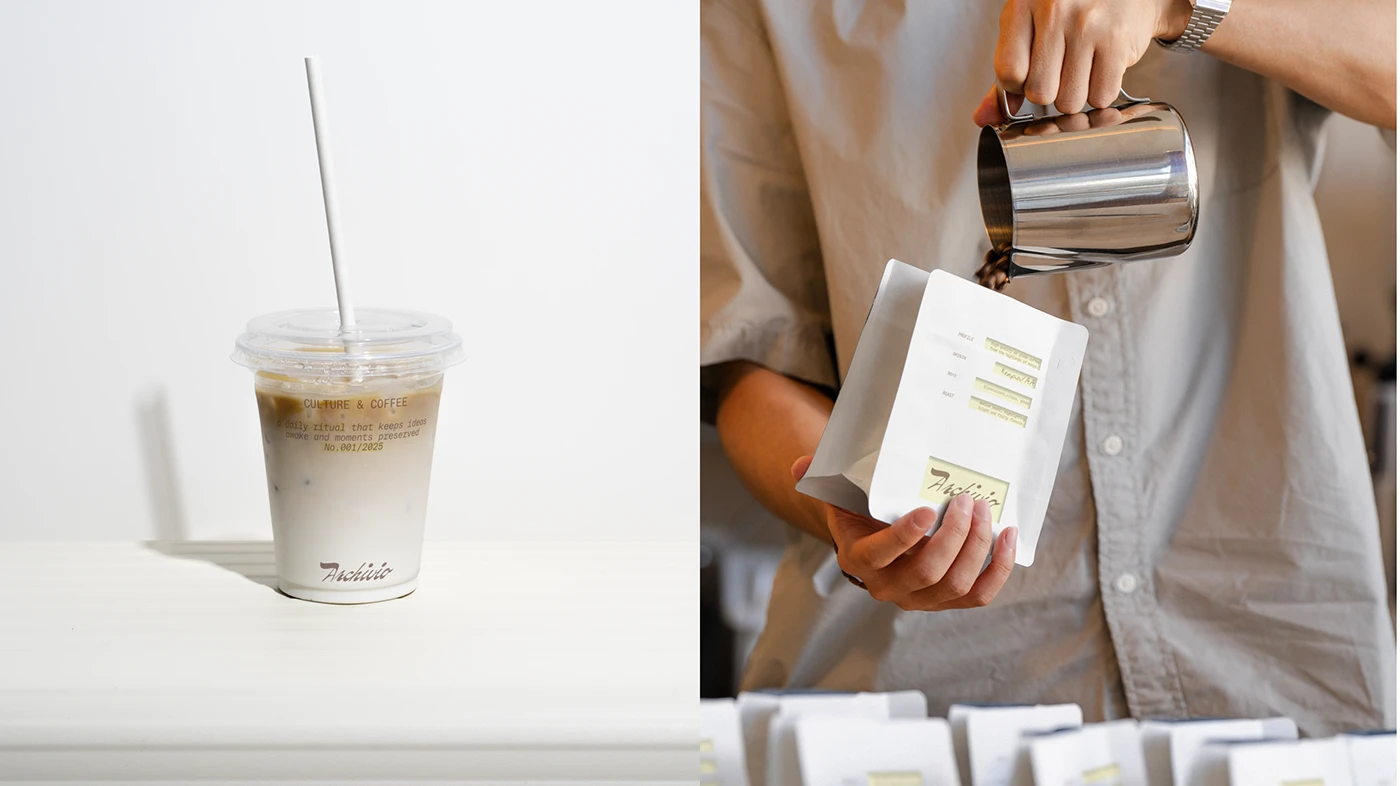 Archivio Coffee Cultura iced latte in branded takeaway cup alongside coffee packaging as barista pours beans into pastel pouch, highlighting handwritten annotation details.