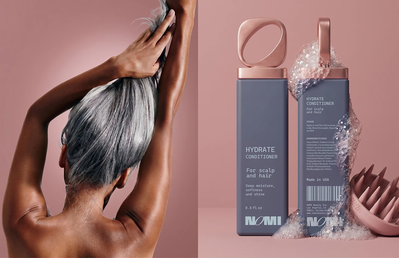 Woman styling silver hair beside blue NOMI Hydrate Conditioner bottles with foam and a pink scalp massager.