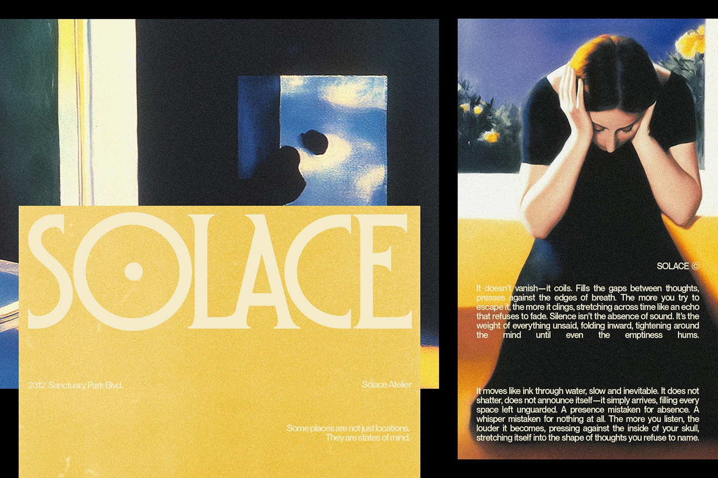 A sophisticated brand collage for Solace Studio by Pedro Cattoni, combining abstract blue and yellow imagery with poetic typography that describes a 'presence mistaken for nothing at all.'