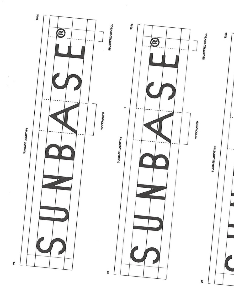 Sunbase logotype grid layout showing typographic construction and spacing system, modern skincare branding design process
