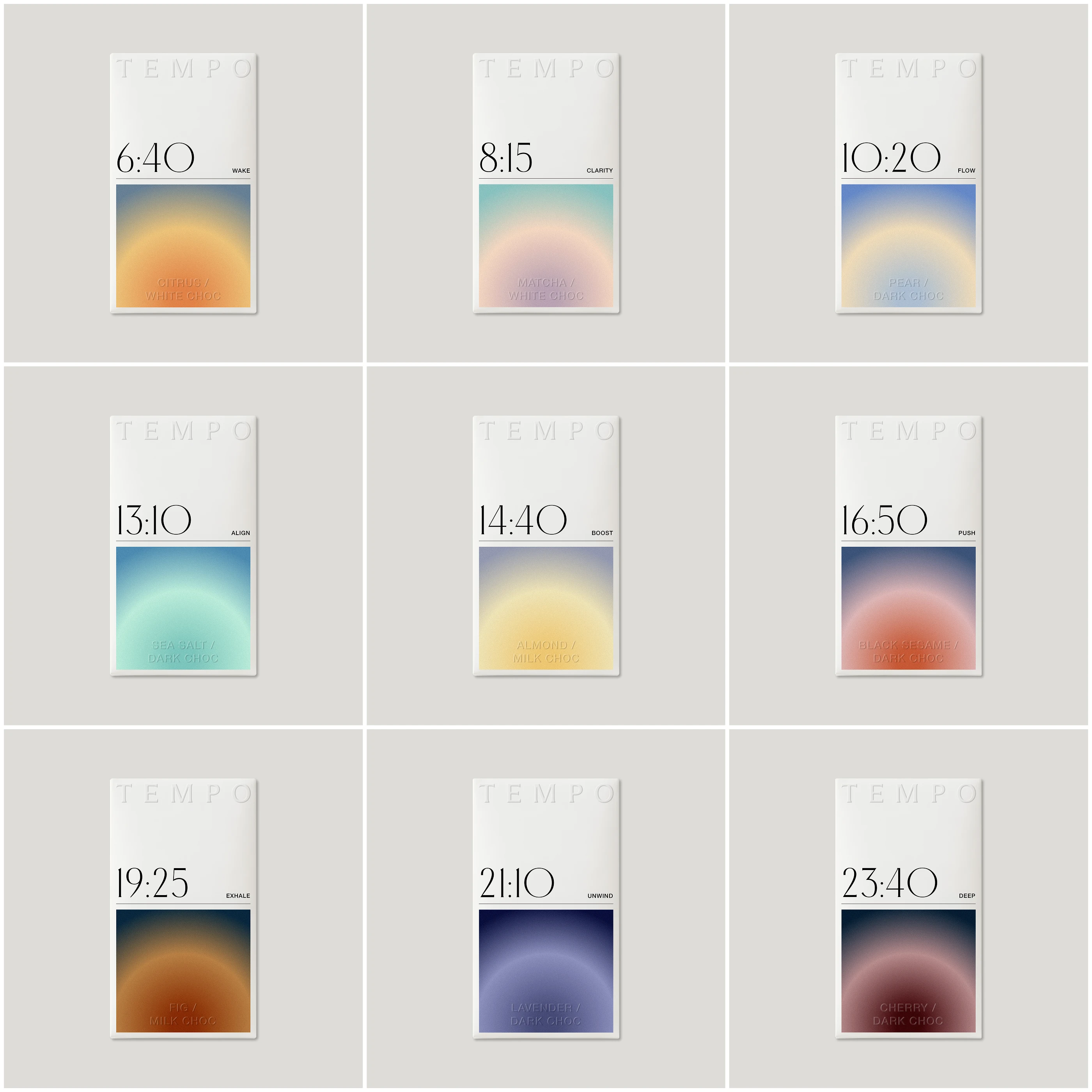 TEMPO chocolate packaging system by LYM Design Studio showing nine minimal chocolate bar wrappers arranged in a grid, each with time-based naming, mood labels, and soft gradient artwork.