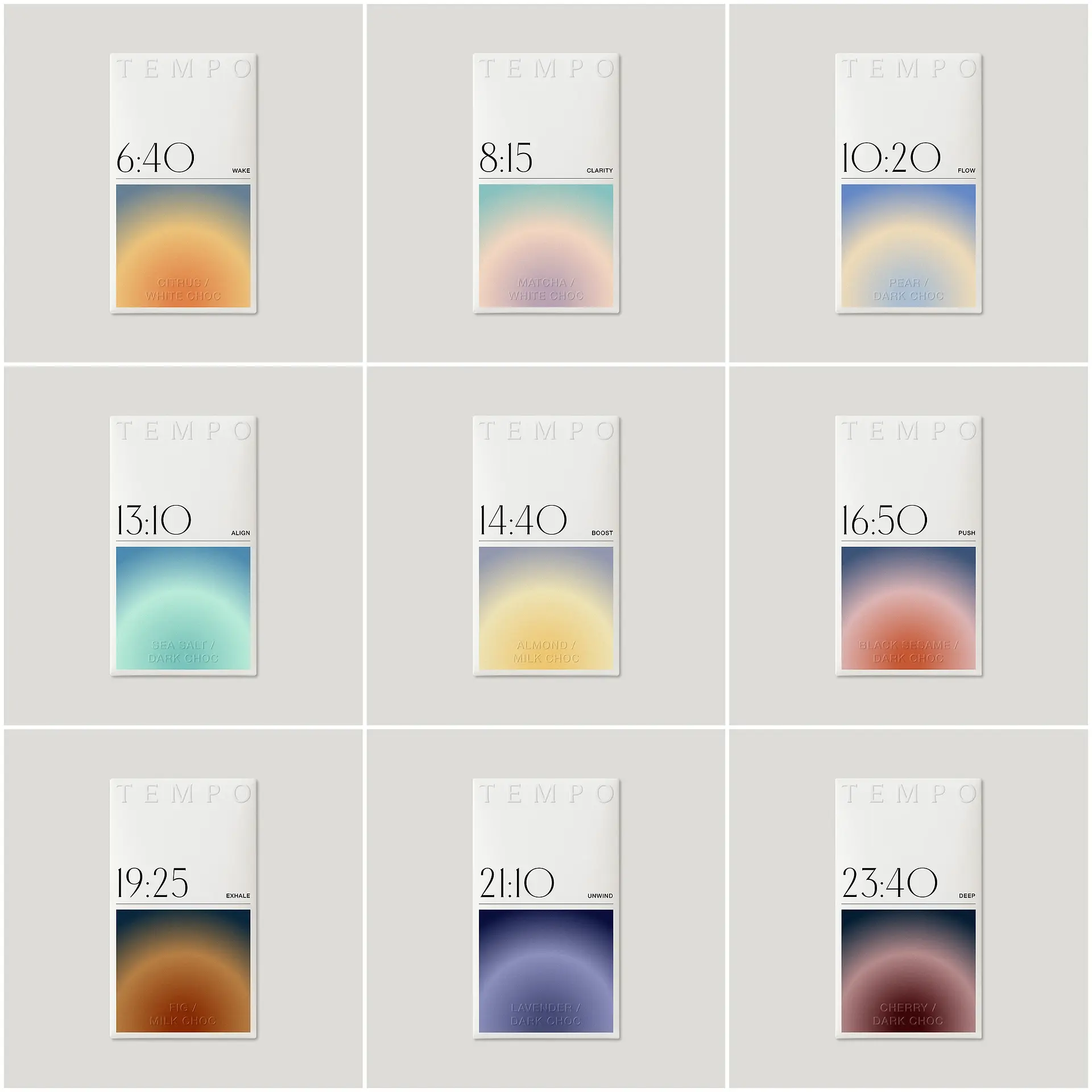 TEMPO chocolate packaging system by LYM Design Studio showing nine minimal chocolate bar wrappers arranged in a grid, each with time-based naming, mood labels, and soft gradient artwork.