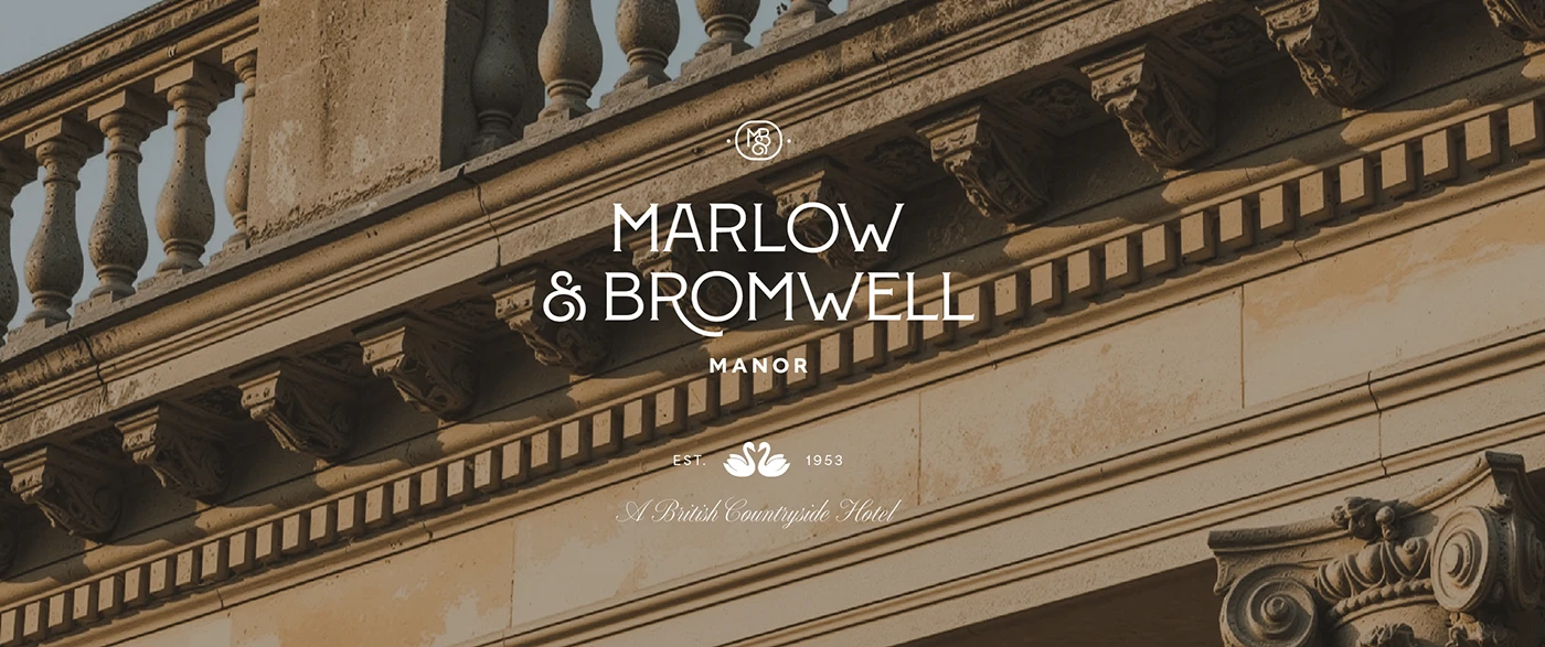 Marlow & Bromwell Manor visual identity overlaid on classical stone architecture with ornate balustrade and cornices, featuring custom logo, monogram, and establishment details