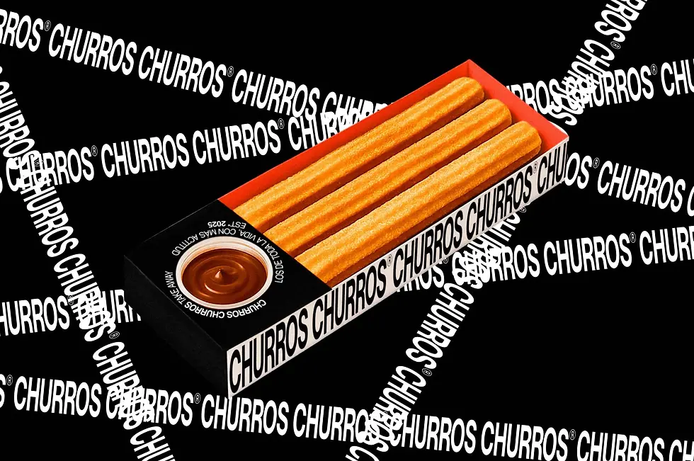 Churros Churros packaging design showing a takeaway tray with churros and a chocolate dipping sauce against a black background with repeating brand typography.