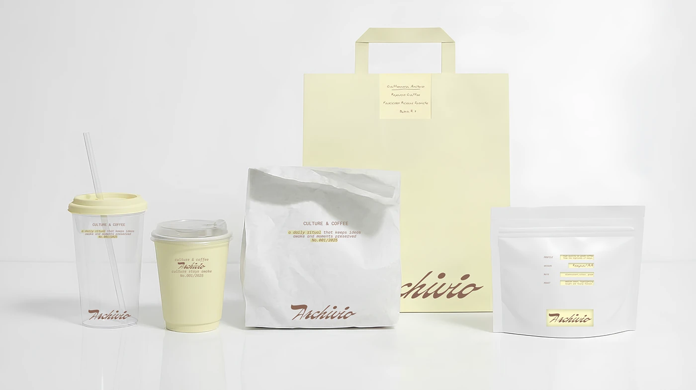Minimal coffee brand packaging system for Archivio Coffee Cultura featuring takeaway cups, coffee bag, pastel yellow carrier bag, and resealable pouch with handwritten annotation details and archival-inspired typography.