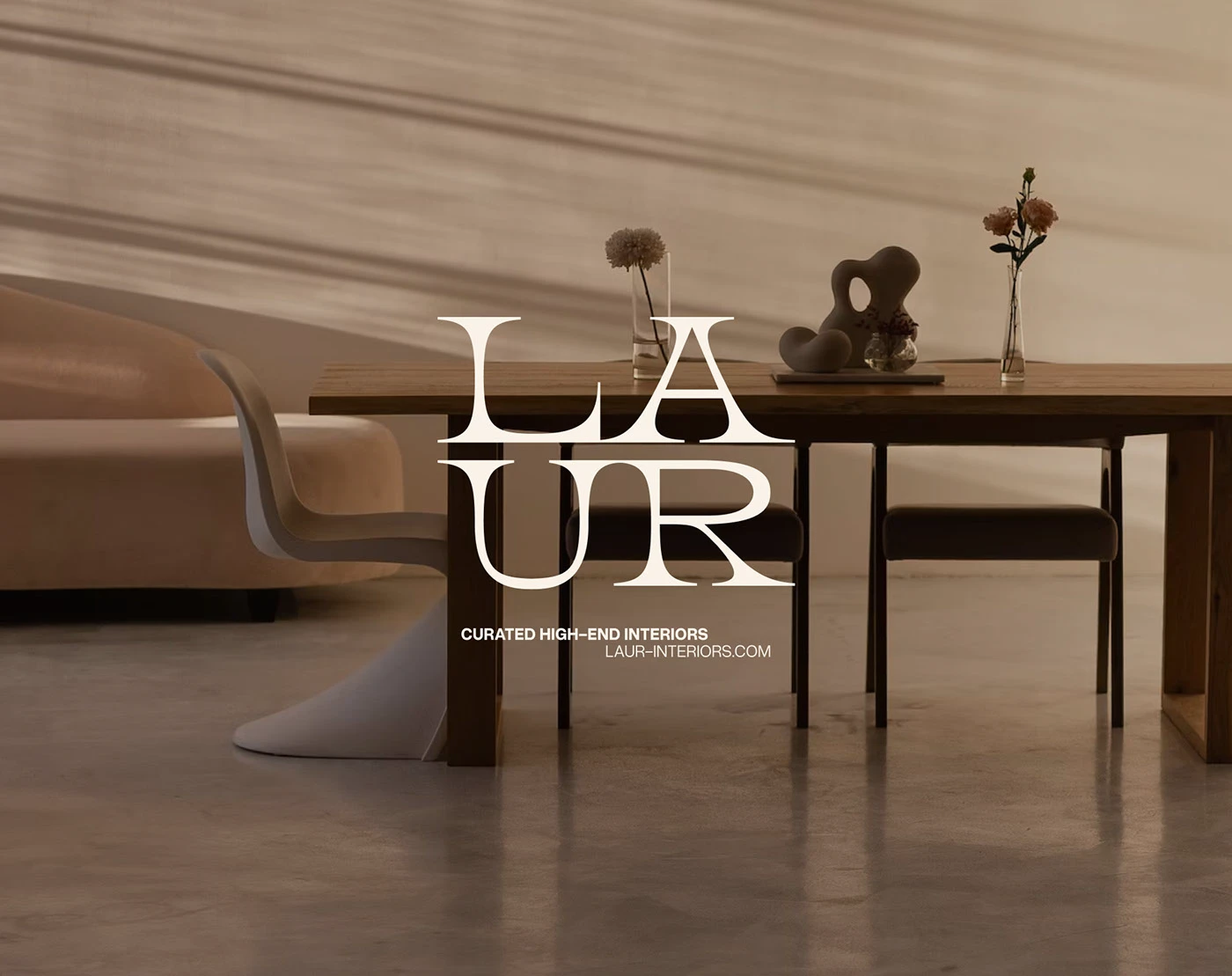 Laur brand identity for interior design studio by Yana Vision showcasing high-end visual identity system, embossed logo design, and terracotta-inspired color palette with editorial typography.