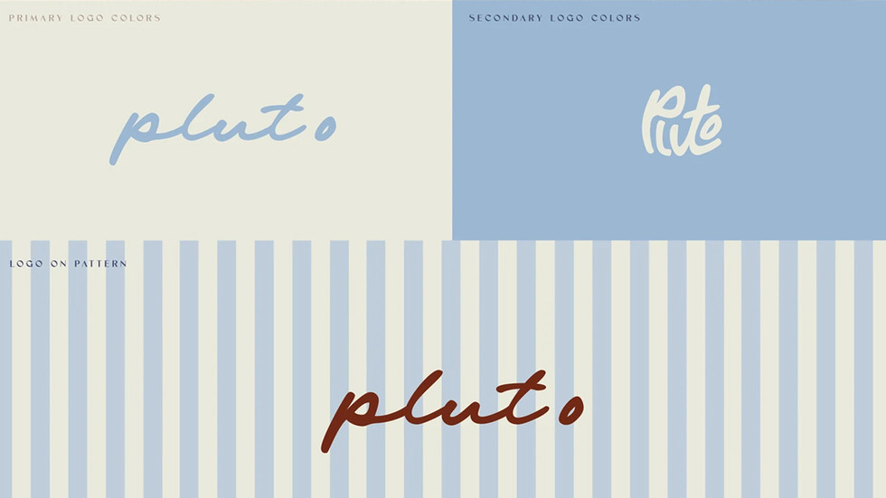 Pluto Coffee + Art Café logo color variations and blue-striped brand pattern designed by MENR Studios.