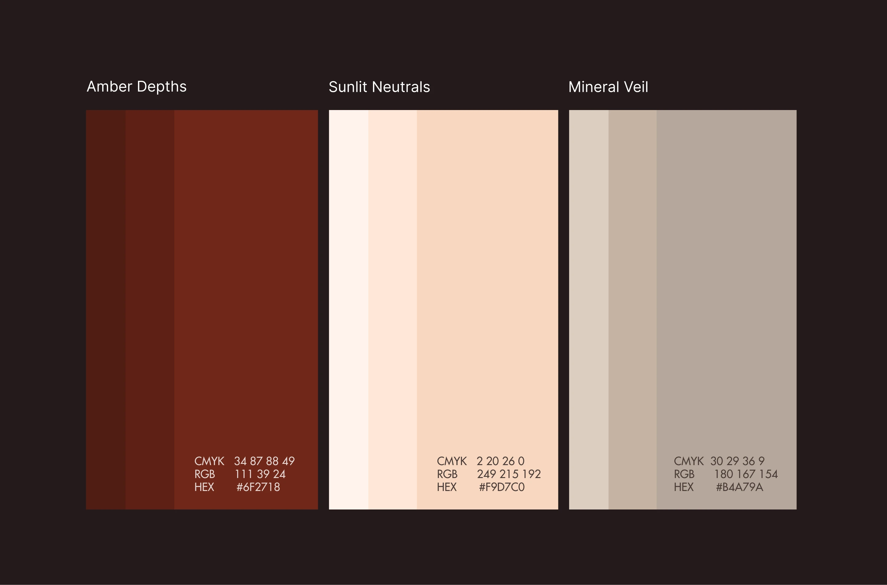 Solene SPF brand color palette showing amber depths, sunlit neutrals, and mineral veil tones used across the sunscreen packaging and visual identity system.