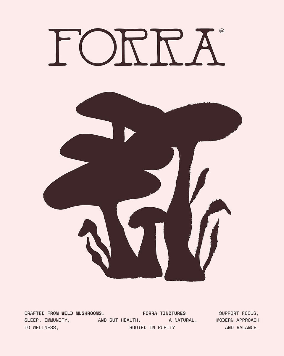 Forra brand identity close-up highlighting the mushroom logo mark and typographic composition on a blush background—expressing functional wellness, nature-inspired minimalism, and editorial-style packaging design.