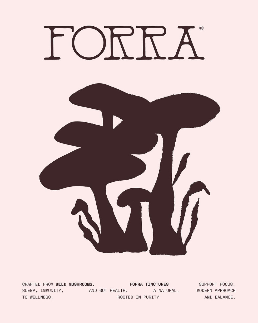 Forra brand identity close-up highlighting the mushroom logo mark and typographic composition on a blush background—expressing functional wellness, nature-inspired minimalism, and editorial-style packaging design.