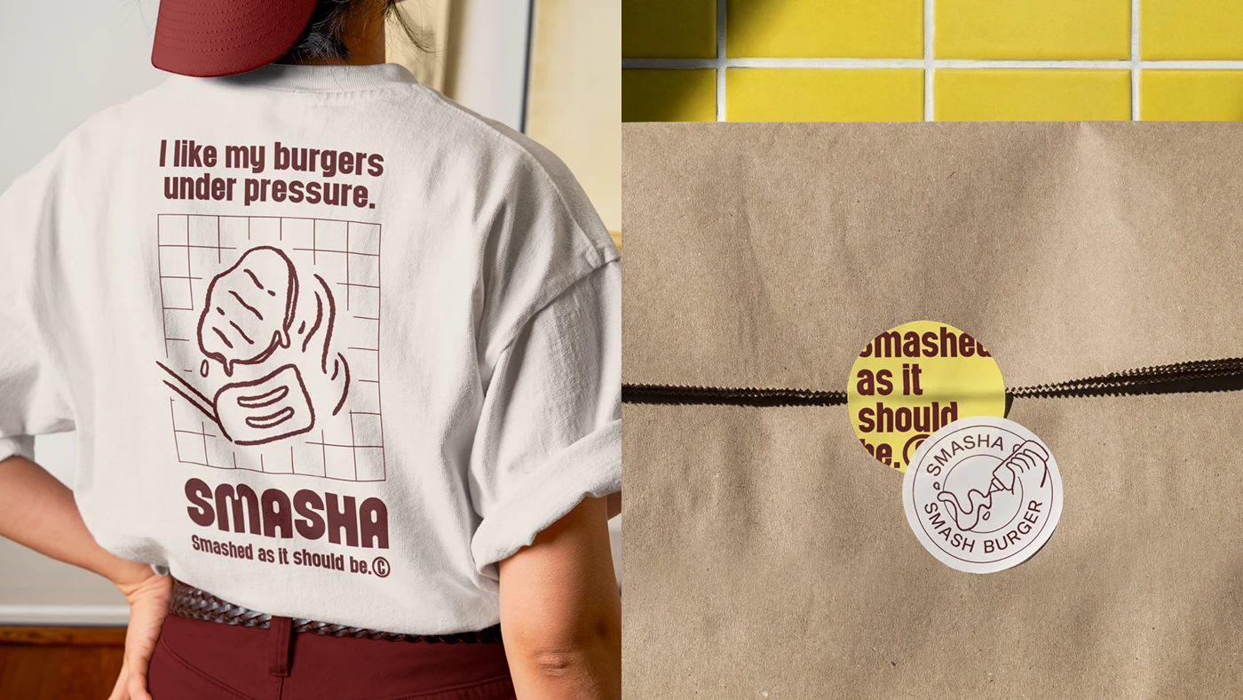 Back view of a Smasha branded T-shirt featuring bold burger illustration and slogan, paired with close-up of kraft paper bag sealed with Smasha stickers and circular logo labels.