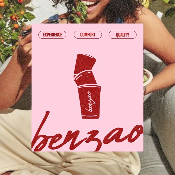 Illustrated Benzao coffee cups on a pink backdrop with “Experience, Comfort, Quality” icons, reflecting modern retro café branding and duotone packaging design trends for 2025 curated by Fivestar Branding.