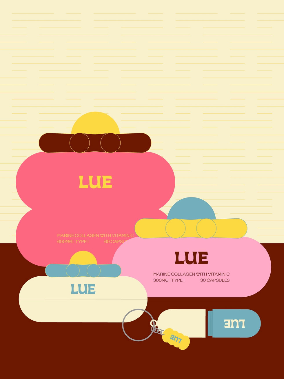 Illustrated LUE product lineup showing colorful collagen cosmetic vessels, refill tube, keychain charm, and graphic brand pattern in pink, cream, blue, yellow, and brown.