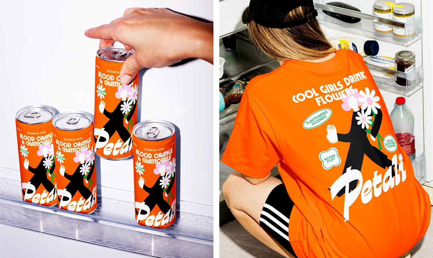 Petali Soda cans stacked in a refrigerator beside a woman wearing a matching orange Petali T-shirt—retro beverage branding blending lifestyle and packaging design.