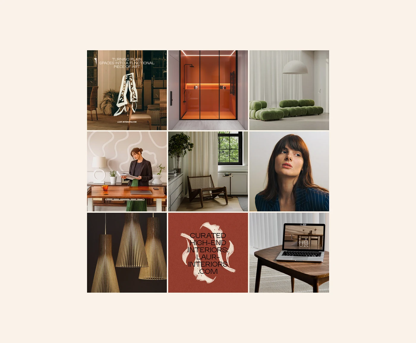 Curated interior brand identity grid for Laur by Yana Vision, featuring terracotta tones, warm modern interiors, editorial typography, and cohesive minimalist branding presentation.