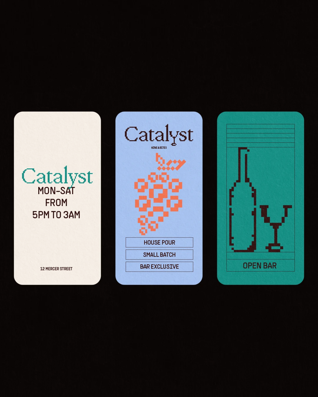 Three vertical phone-style graphics for Catalyst Wine Bar with pixel art and "Open Bar" messaging.