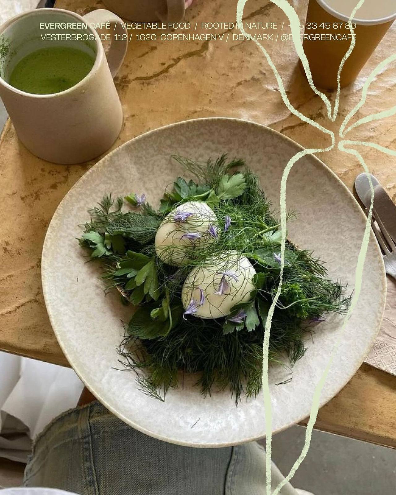 Visual identity for Evergreen Café by Allo (Physm) captured through plant-based dining imagery and soft earthy tones, expressing the brand’s concept of being ‘Rooted in Nature