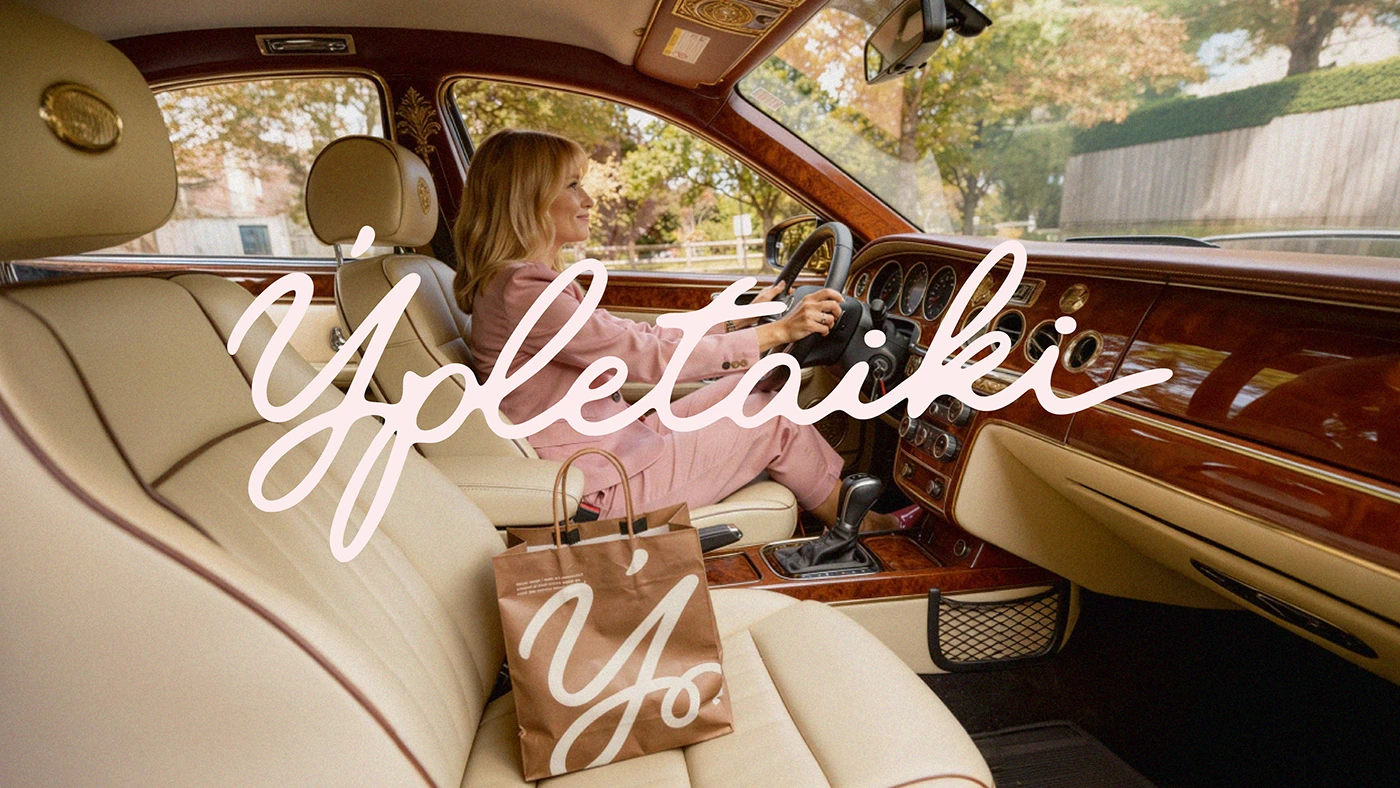 Lifestyle brand image of a woman driving a luxury car with Ypletaiki branded shopping bag, highlighting elevated café packaging and fashion-forward positioning.