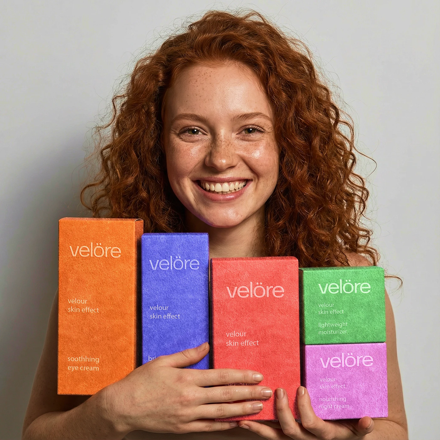 Lifestyle image of a smiling model holding multiple Velöre skincare boxes in orange, purple, red, green, and pink with soft textured packaging and minimalist branding.