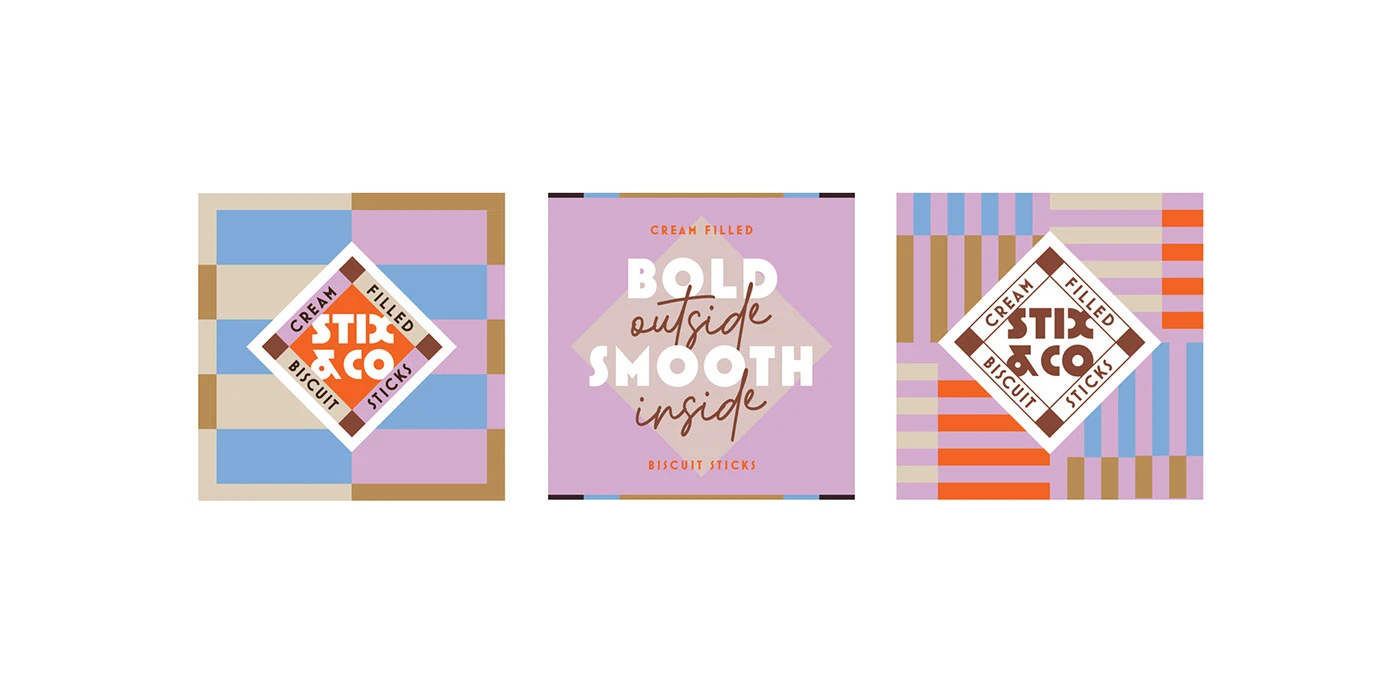 Three conceptual graphic panels showcasing the STIX & CO brand assets. The center square features the bold typography, tagline "BOLD outside SMOOTH inside," and biscuit sticks text on a soft purple background. Flanking it are two square mockups demonstrating the diamond-shaped logo centered over the distinct geometric line patterns that define the brand’s visual foundation.