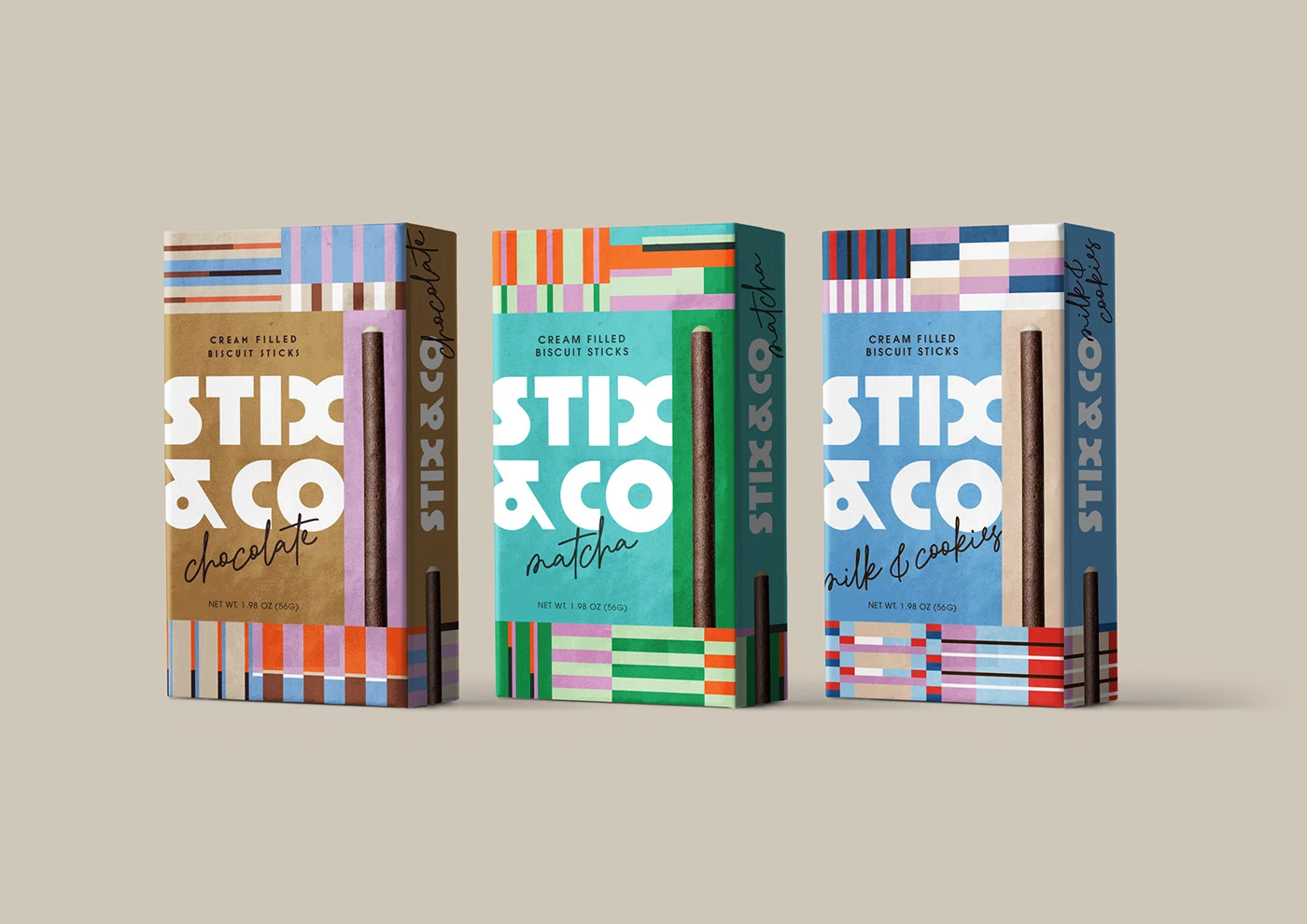 A three-quarter view of three STIX & CO cream-filled biscuit boxes, showing the modern front packaging and the side panels which feature the repeating "STIX & CO" logo. This mockup presents the brown, green, and blue flavor variants on a neutral background, emphasizing the dimensional look of the modular packaging system.