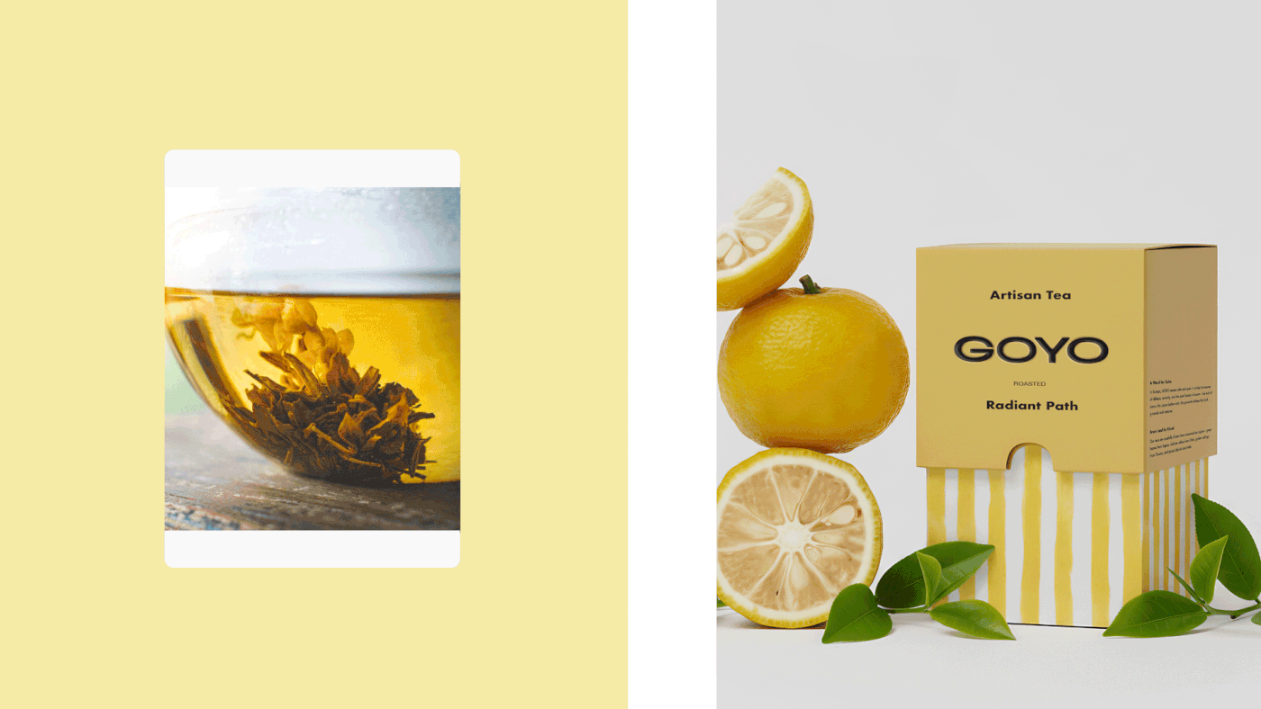 Lifestyle photography of Goyo Tea Radiant Path packaging in yellow with striped detail, styled alongside fresh lemons and green leaves for a bright modern aesthetic