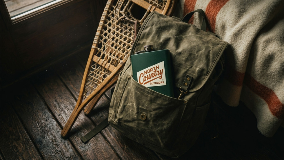 Green flask with North Country Outdoors label tucked into a waxed canvas bag beside snowshoes and a wool blanket in a cabin setting.