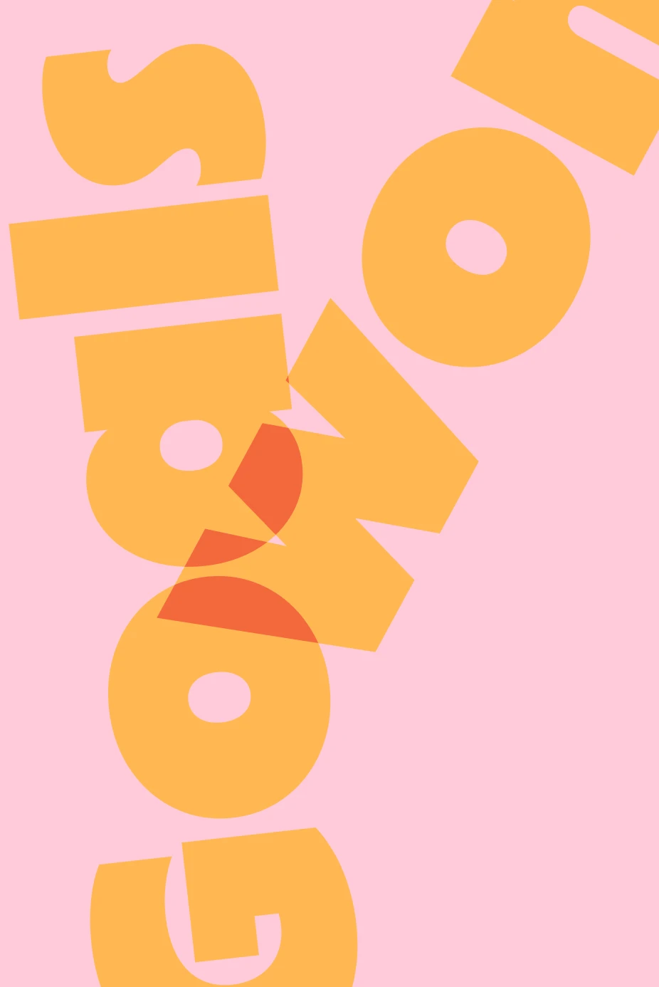 A pink background filled with oversized orange letterforms layered in a playful, overlapping layout, illustrating Taskly’s expressive typography and trend-forward graphic design style.