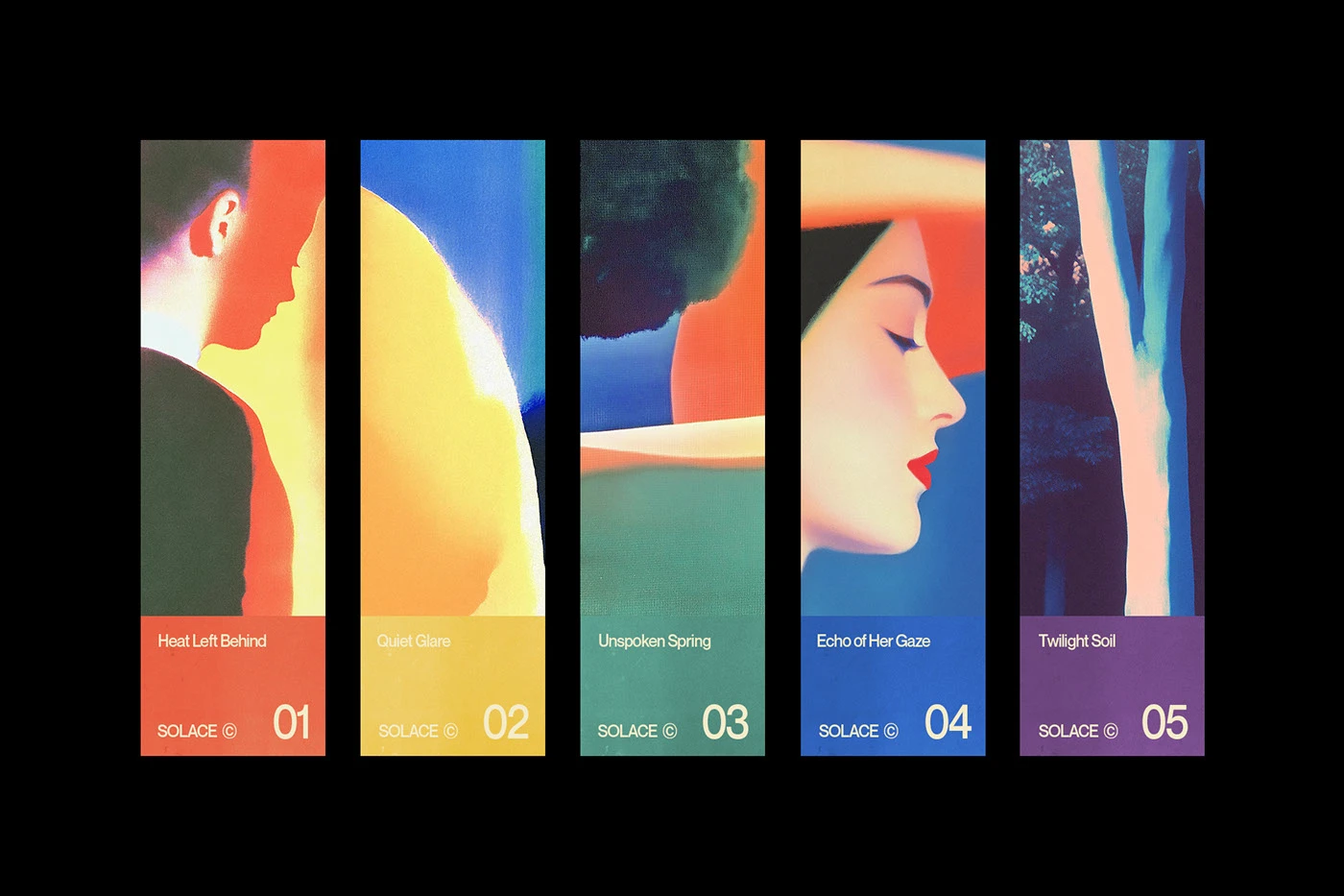 Five vertical design strips showing the Solace Studio brand system, featuring abstract grainy textures, human silhouettes, and titles like 'Heat Left Behind' and 'Echo of Her Gaze' in a muted, colorful palette.