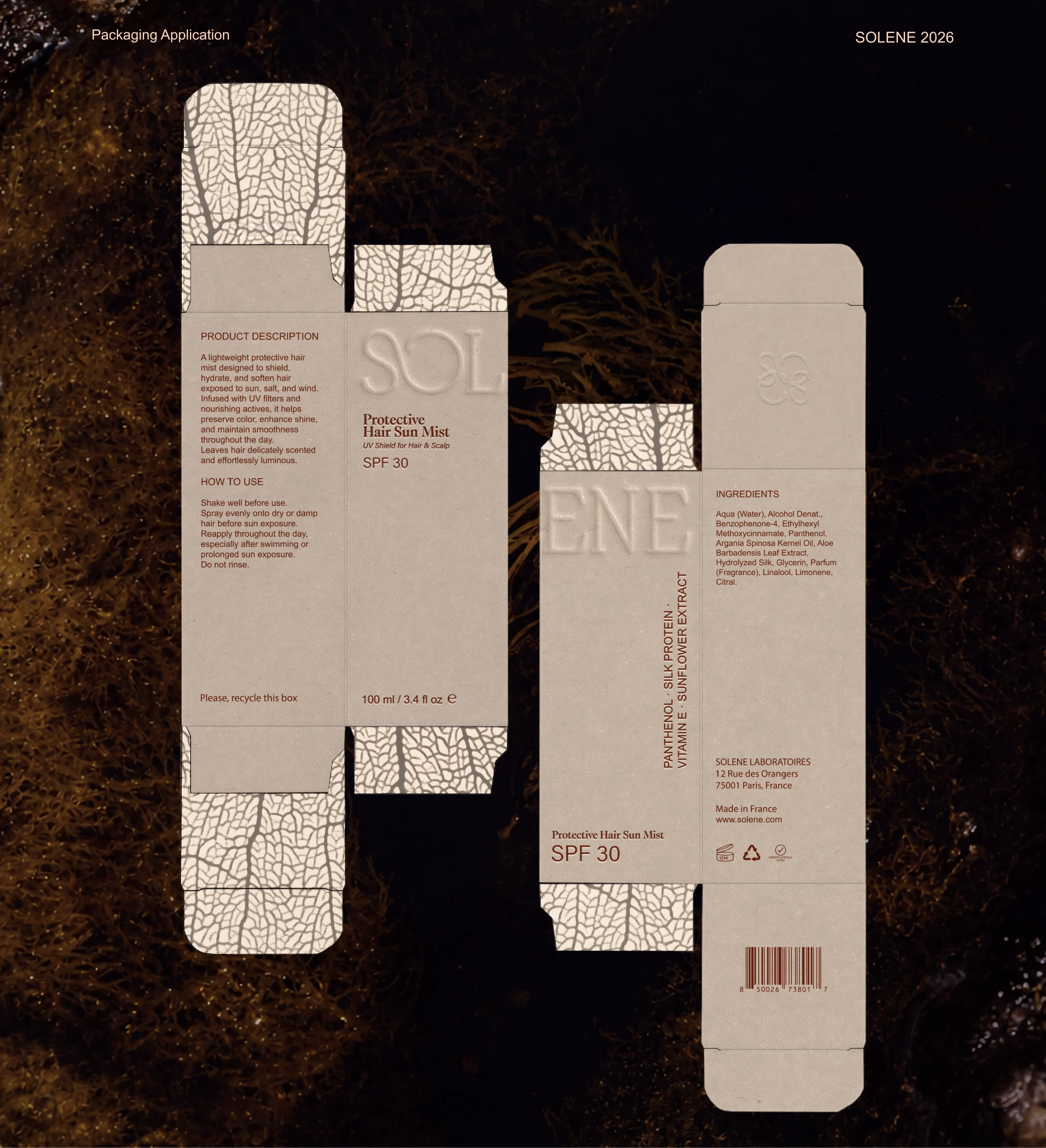 Solene SPF packaging dieline design for protective hair sun mist, featuring product description, ingredients, barcode, embossed logo details, and organic interior pattern.
