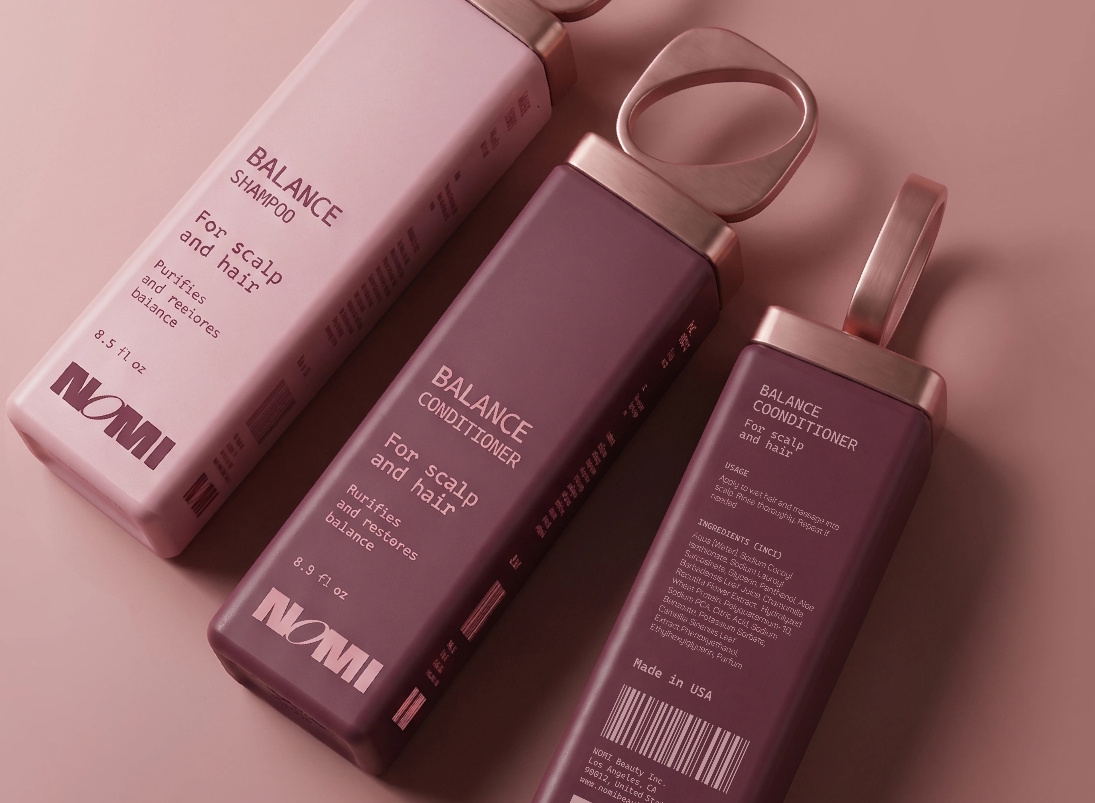 NOMI Balance Shampoo and Conditioner packaging shown from multiple angles with blush and burgundy bottles and sculptural rose-gold caps.