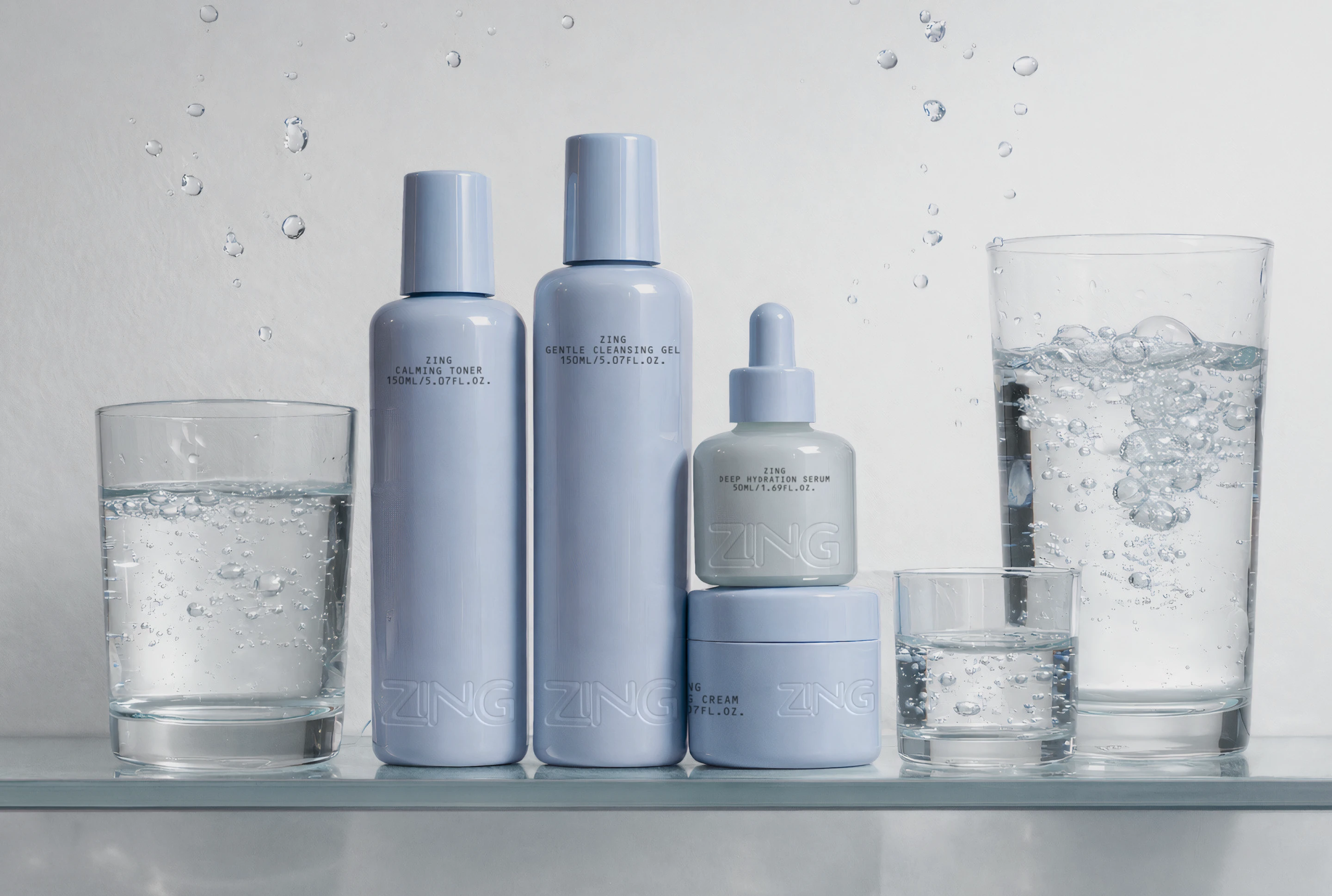ZING skincare bottles and jars displayed between glasses of bubbling water, featuring soft blue packaging, embossed logos, and a calm hydration-focused brand identity.