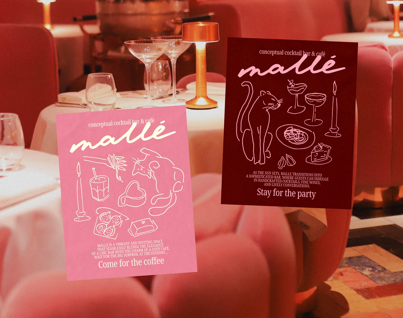 Mallé menu and poster designs displayed inside a cocktail bar setting, combining illustrated graphics, handwritten logo, and warm evening atmosphere.