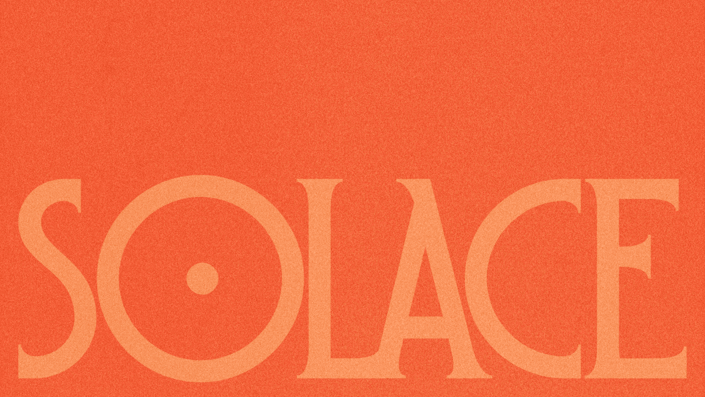 A high-texture, grainy orange background featuring the 'SOLACE' brand name in a large, subtle tone-on-tone serif typeface, highlighting minimalist luxury and tactile paper quality.