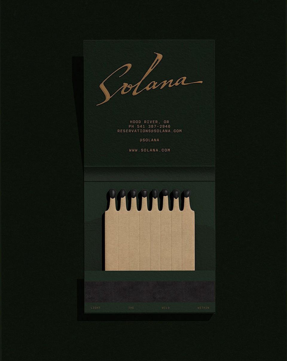 Solana custom matchbook in deep forest green featuring the copper-gold script logo and natural kraft matches.
