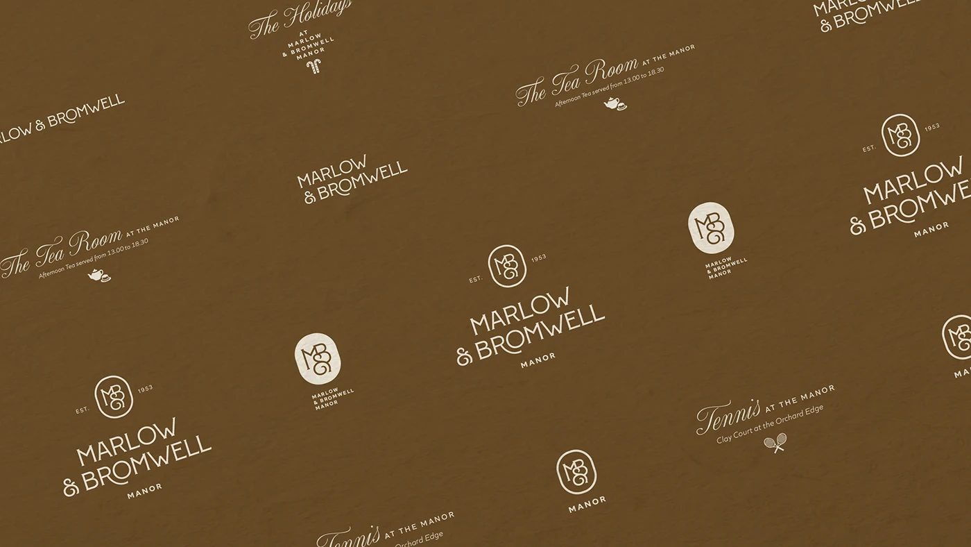 Marlow & Bromwell Manor brand identity applications showing multiple logo variations, monogram, tea room signage, and tennis court branding on warm brown textured background
