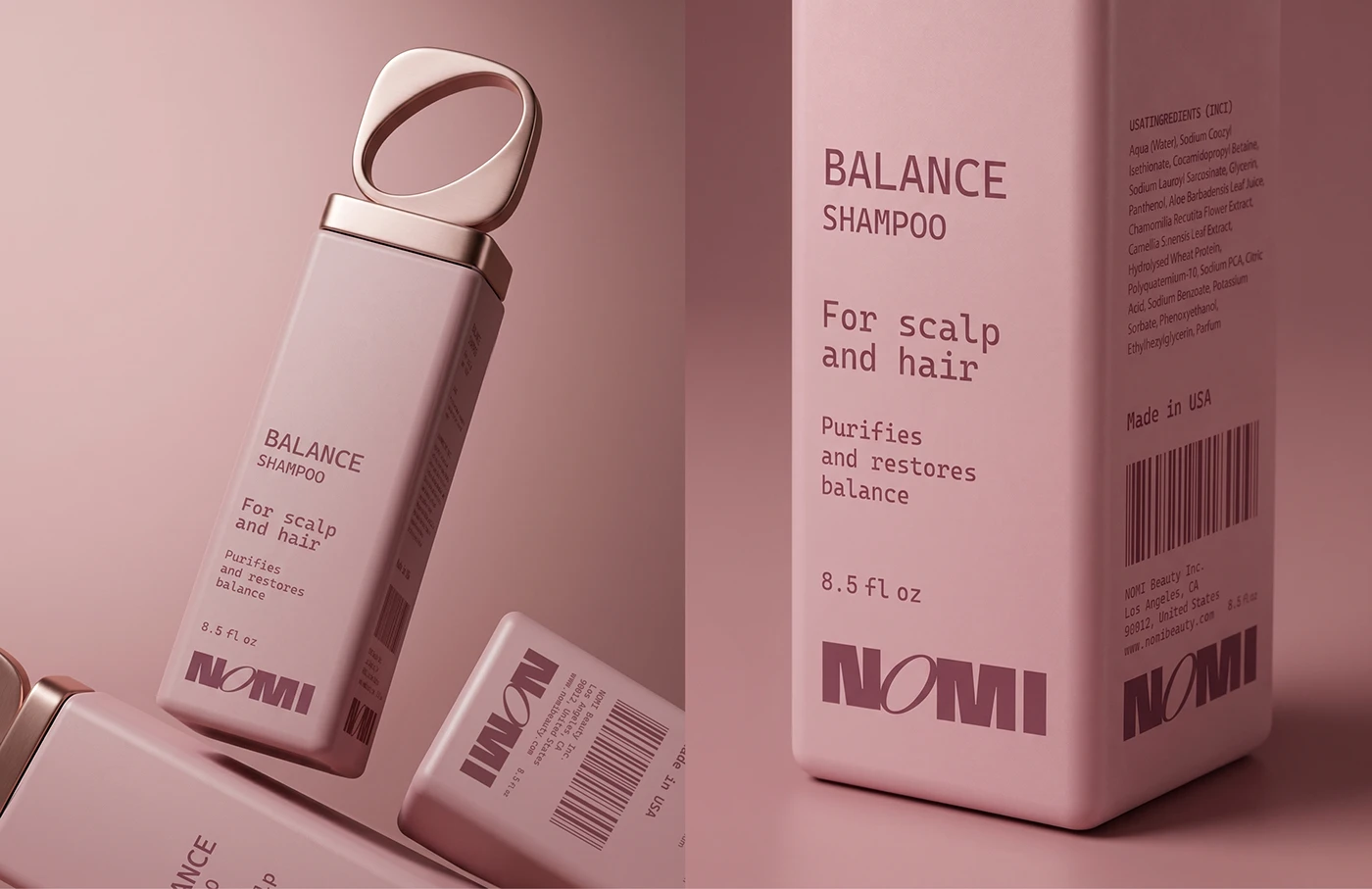 NOMI Balance Shampoo packaging shown from multiple angles with minimalist labeling, barcode details, and a rose-gold loop cap.