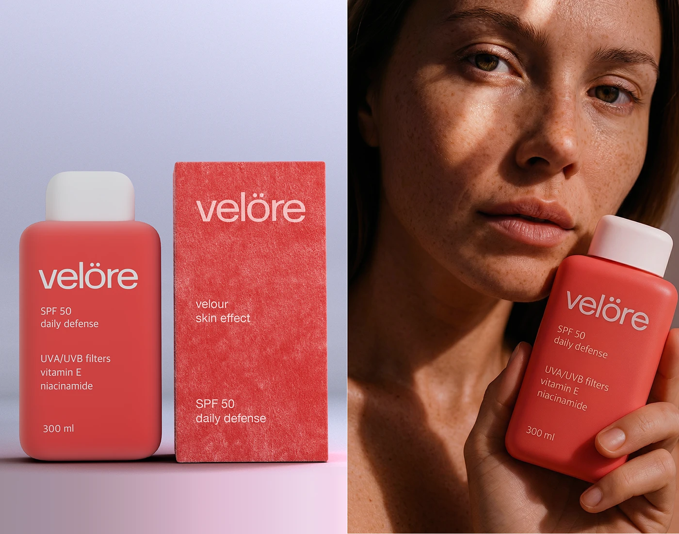 Velöre SPF 50 daily defense packaging shown with a red rounded bottle, matching textured box, and lifestyle beauty image of the product held near a model’s face.