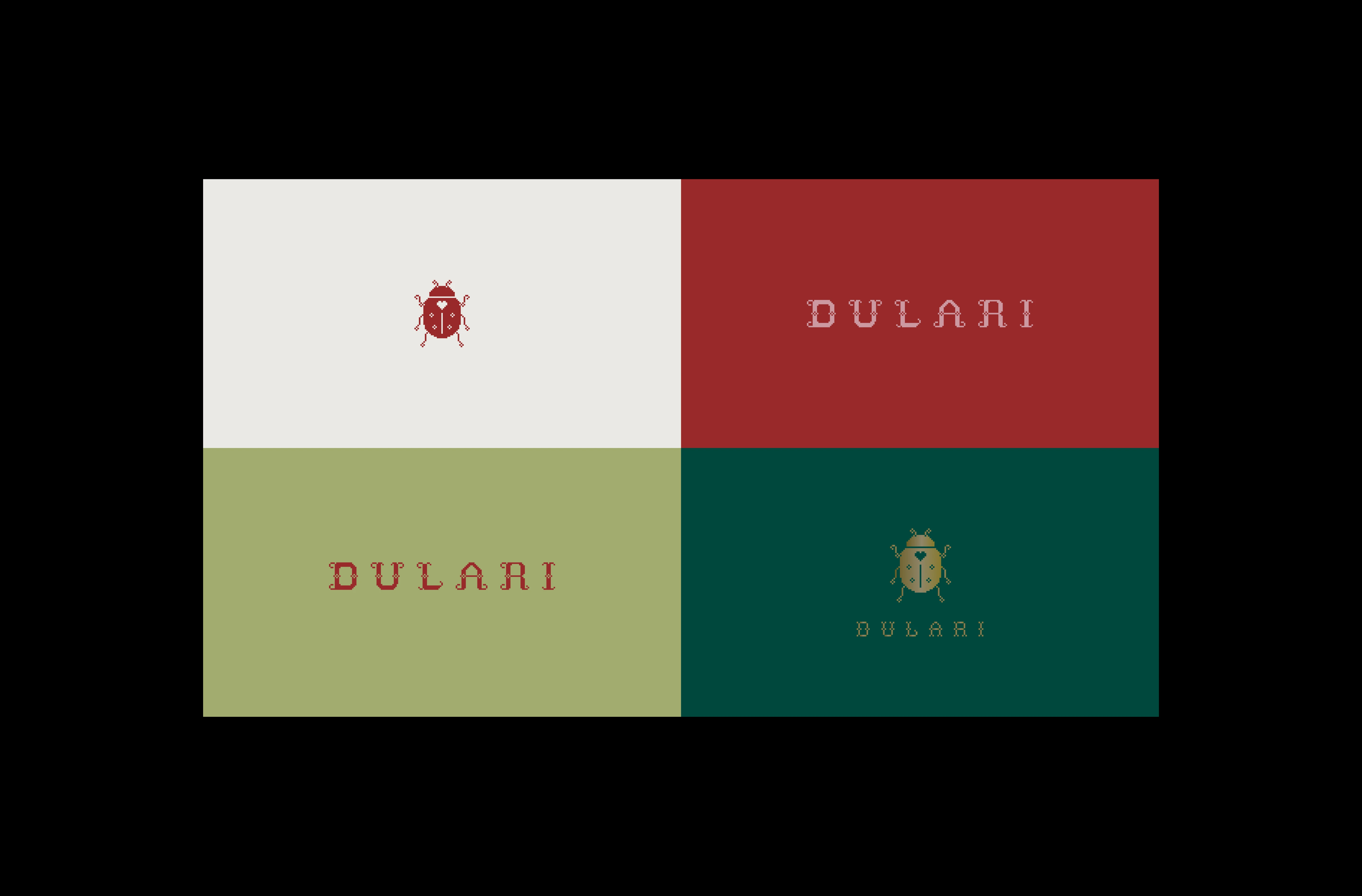 Dulari fashion brand identity color palette and logo variations featuring ladybug emblem, heritage red, deep green, soft ivory, and muted olive tones.